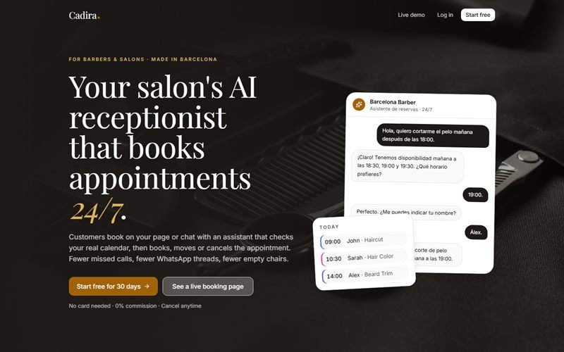 Screenshot of the Cadira homepage